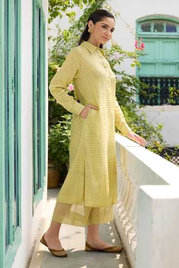 Buy_RAAS LIFE_Yellow Handloom Cotton, Chanderi Rangrez Stripe Hand Woven Kurta With Pant _Online_at_Aza_Fashions
