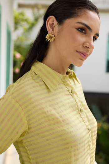 RAAS LIFE_Yellow Handloom Cotton, Chanderi Rangrez Stripe Hand Woven Kurta With Pant _at_Aza_Fashions