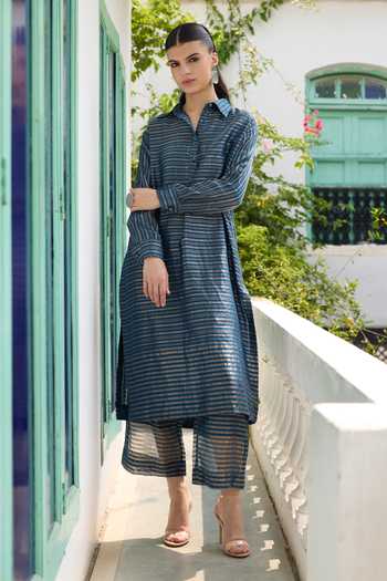 Buy RAAS LIFE Blue Chanderi Collared Rangrez Stripe Detailed Kurta With Pant Online at Aza Fashions Buy_RAAS LIFE_Blue Chanderi Collared Rangrez Stripe Detailed Kurta With Pant _Online_at_Aza_Fashions