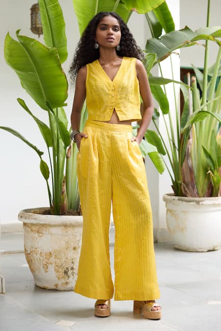 Raas Life Yellow Hand Woven Chanderi Stripe V Neck Sabya Waist Coat With Pant 