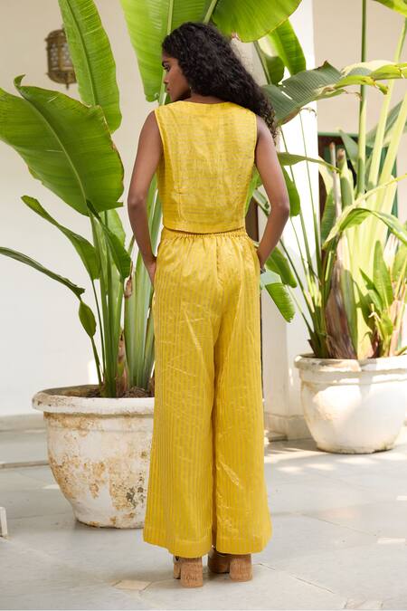Shop_Raas Life_Yellow Hand Woven Chanderi Stripe Sabya Pant _at_Aza_Fashions