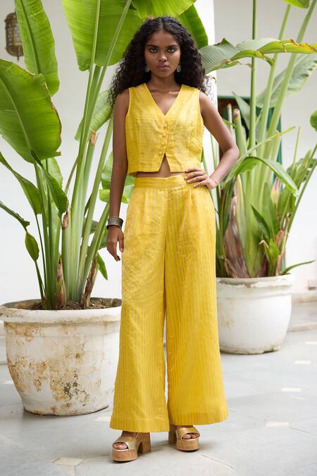 Raas Life_Yellow Hand Woven Chanderi Stripe Sabya Pant _Online_at_Aza_Fashions