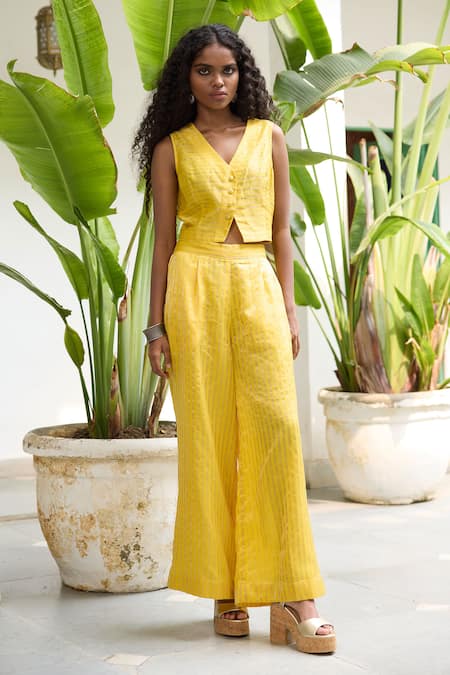 Buy_Raas Life_Yellow Hand Woven Chanderi Stripe Sabya Pant _Online_at_Aza_Fashions
