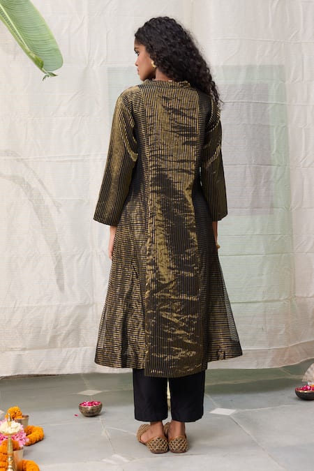 Shop RAAS LIFE Black Chanderi, Cotton Zari V-neck Kalakriti Hand Woven Kalidar Kurta With Pant at Aza Fashions Shop_RAAS LIFE_Black Chanderi, Cotton Zari V-neck Kalakriti Hand Woven Kalidar Kurta With Pant _at_Aza_Fashions