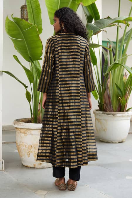 Shop RAAS LIFE Black Chanderi, Cotton Zari V-neck Kalakriti A-line Kurta With Pant at Aza Fashions Shop_RAAS LIFE_Black Chanderi, Cotton Zari V-neck Kalakriti A-line Kurta With Pant _at_Aza_Fashions