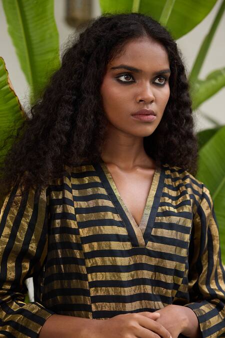 Shop RAAS LIFE Black Chanderi, Cotton Zari V-neck Kalakriti A-line Kurta With Pant Online at Aza Fashions Shop_RAAS LIFE_Black Chanderi, Cotton Zari V-neck Kalakriti A-line Kurta With Pant _Online_at_Aza_Fashions