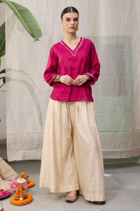 RAAS LIFE Pink Chanderi, Cotton Zari V-neck Kaveri Hand Woven Tunic With Wide Legged Pant Online at Aza Fashions RAAS LIFE_Pink Chanderi, Cotton Zari V-neck Kaveri Hand Woven Tunic With Wide Legged Pant _Online_at_Aza_Fashions