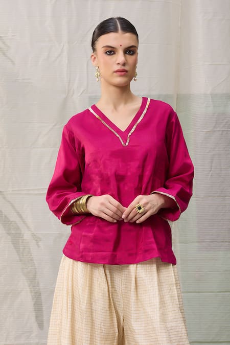 Buy RAAS LIFE Pink Chanderi, Cotton Zari V-neck Kaveri Hand Woven Tunic With Wide Legged Pant Online at Aza Fashions Buy_RAAS LIFE_Pink Chanderi, Cotton Zari V-neck Kaveri Hand Woven Tunic With Wide Legged Pant _Online_at_Aza_Fashions