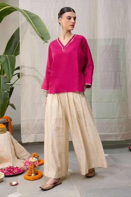 RAAS LIFE Pink Chanderi, Cotton Zari V-neck Kaveri Hand Woven Tunic With Wide Legged Pant at Aza Fashions RAAS LIFE_Pink Chanderi, Cotton Zari V-neck Kaveri Hand Woven Tunic With Wide Legged Pant _at_Aza_Fashions