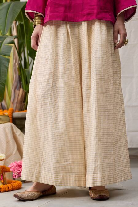 Buy RAAS LIFE Pink Chanderi, Cotton Zari V-neck Kaveri Hand Woven Tunic With Wide Legged Pant Buy_RAAS LIFE_Pink Chanderi, Cotton Zari V-neck Kaveri Hand Woven Tunic With Wide Legged Pant