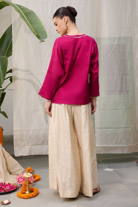 Shop RAAS LIFE Cream Chanderi Embroidery Kaveri Zari Chequered Pattern Wide Legged Pant at Aza Fashions Shop_RAAS LIFE_Cream Chanderi Embroidery Kaveri Zari Chequered Pattern Wide Legged Pant _at_Aza_Fashions