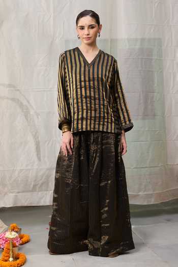 RAAS LIFE_Black Chanderi Zari V-neck Kaveri Stripe Pattern Tunic With Wide Legged Pant _Online_at_Aza_Fashions