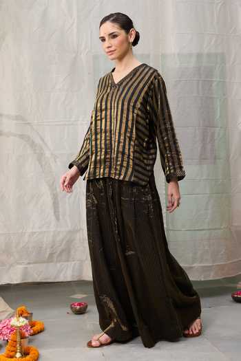 Shop_RAAS LIFE_Black Chanderi Zari V-neck Kaveri Stripe Pattern Tunic With Wide Legged Pant _Online_at_Aza_Fashions