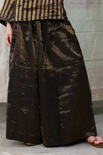RAAS LIFE_Black Chanderi Zari V-neck Kaveri Stripe Pattern Tunic With Wide Legged Pant _at_Aza_Fashions
