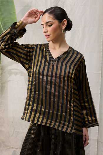 Buy_RAAS LIFE_Black Chanderi Zari V-neck Kaveri Stripe Pattern Tunic With Wide Legged Pant 