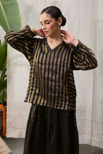 Shop_RAAS LIFE_Black Chanderi Zari V-neck Kaveri Stripe Pattern Tunic With Wide Legged Pant 