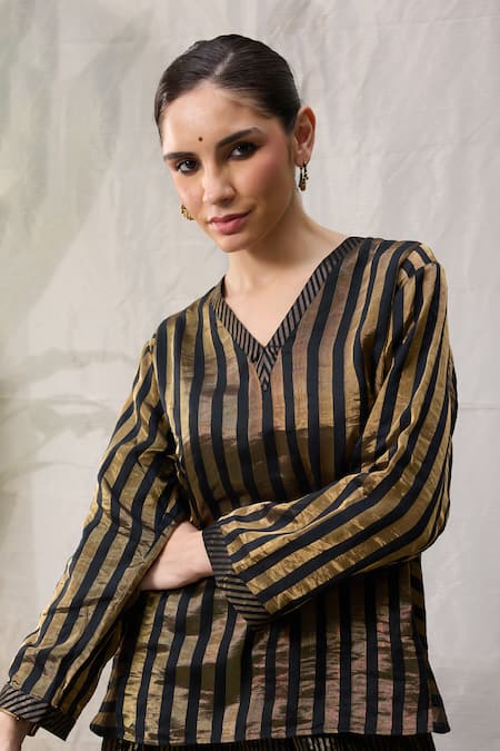 Shop RAAS LIFE Black Chanderi Zari V-neck Kaveri Stripe Pattern Tunic Online at Aza Fashions Shop_RAAS LIFE_Black Chanderi Zari V-neck Kaveri Stripe Pattern Tunic _Online_at_Aza_Fashions