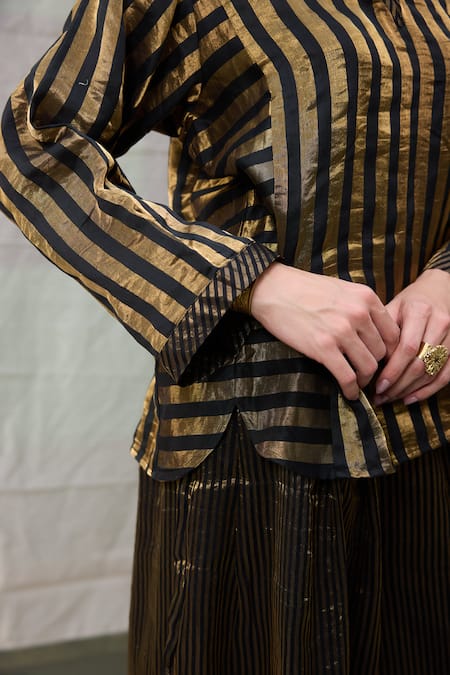 Buy RAAS LIFE Black Chanderi Zari V-neck Kaveri Stripe Pattern Tunic Buy_RAAS LIFE_Black Chanderi Zari V-neck Kaveri Stripe Pattern Tunic