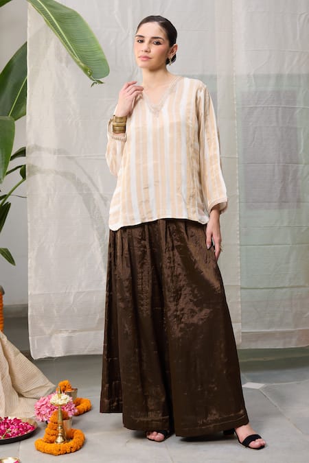 RAAS LIFE_Cream Chanderi Zari V-neck Kaveri Hand Woven Tunic With Wide Legged Pant _Online_at_Aza_Fashions