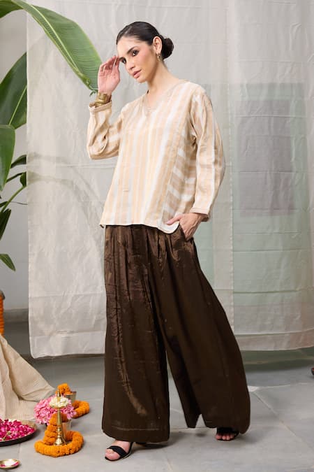 Shop_RAAS LIFE_Cream Chanderi Zari V-neck Kaveri Hand Woven Tunic With Wide Legged Pant _Online_at_Aza_Fashions