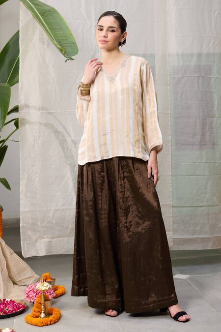 RAAS LIFE_Cream Chanderi Embroidery V-neck Kaveri Hand Woven Tunic _Online_at_Aza_Fashions