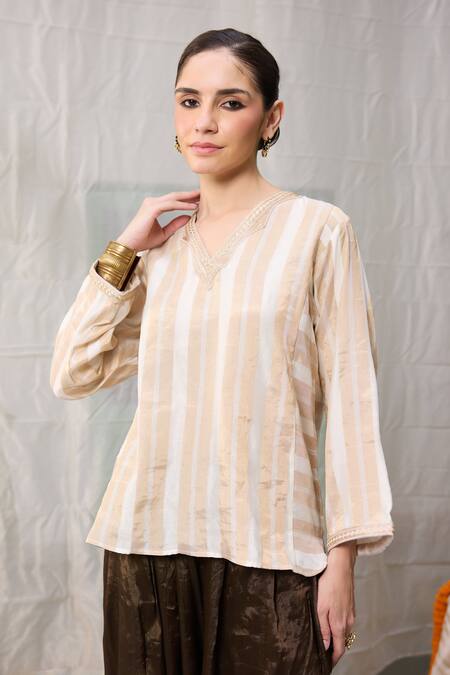 Shop_RAAS LIFE_Cream Chanderi Embroidery V-neck Kaveri Hand Woven Tunic _Online_at_Aza_Fashions