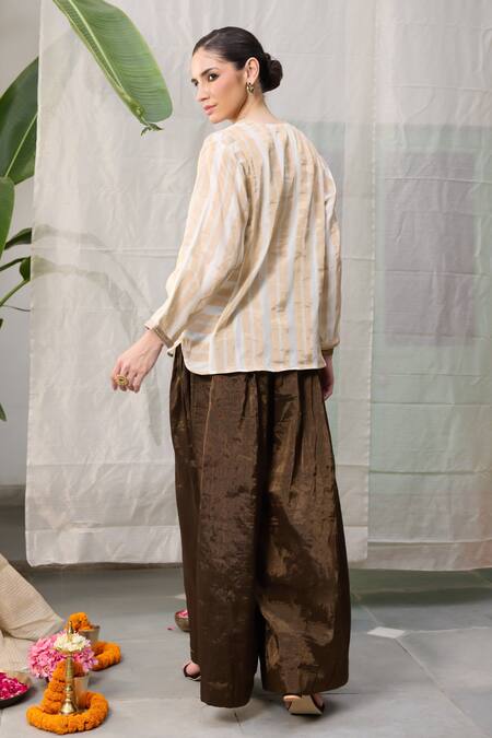 Shop_Raas Life_Gold Hand Woven Chanderi Plain Metallic Finish Wide Legged Pant _at_Aza_Fashions
