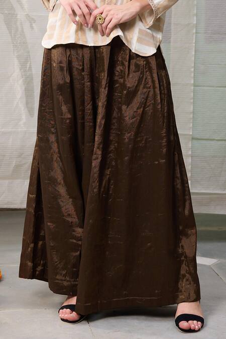 Buy_Raas Life_Gold Hand Woven Chanderi Plain Metallic Finish Wide Legged Pant _Online_at_Aza_Fashions