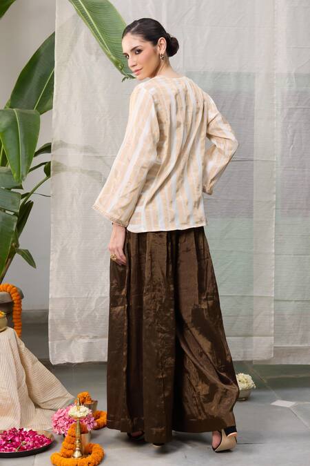Shop_Raas Life_Gold Hand Woven Chanderi Plain Metallic Finish Wide Legged Pant _Online_at_Aza_Fashions