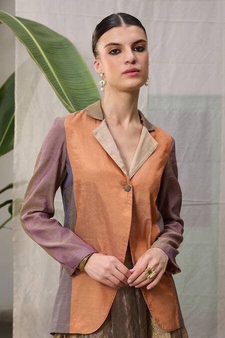 Shop RAAS LIFE Multi Color Chanderi Zari Mrunal Hand Woven Block Blazer at Aza Fashions Shop_RAAS LIFE_Multi Color Chanderi Zari Mrunal Hand Woven Block Blazer_at_Aza_Fashions