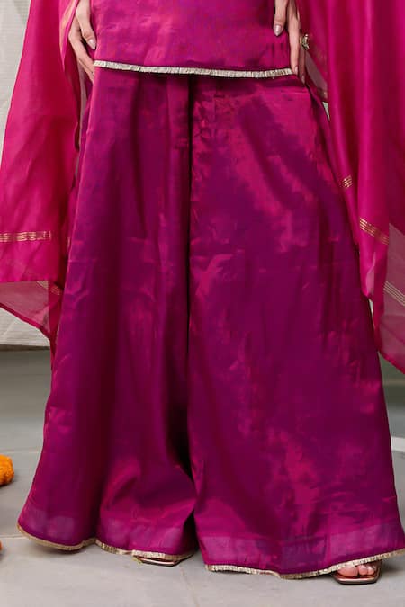 RAAS LIFE Pink Chanderi Zari V-neck Amala Hand Woven Tunic With Wide Legged Pant Online at Aza Fashions RAAS LIFE_Pink Chanderi Zari V-neck Amala Hand Woven Tunic With Wide Legged Pant _Online_at_Aza_Fashions