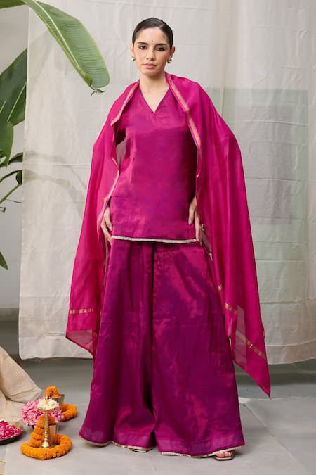 Shop_Raas Life_Pink Hand Woven Chanderi Placement Embellished Zari V Neck Amala Tunic _at_Aza_Fashions