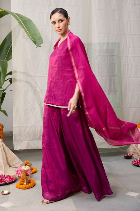 Raas Life_Pink Hand Woven Chanderi Placement Embellished Zari V Neck Amala Tunic _Online_at_Aza_Fashions