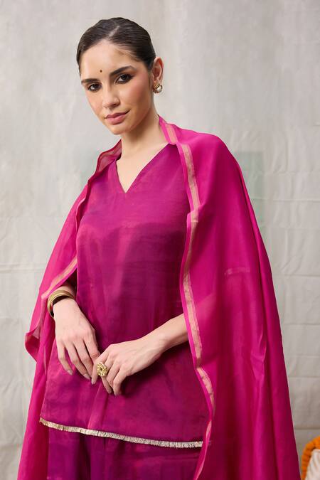 Buy_Raas Life_Pink Hand Woven Chanderi Placement Embellished Zari V Neck Amala Tunic _Online_at_Aza_Fashions