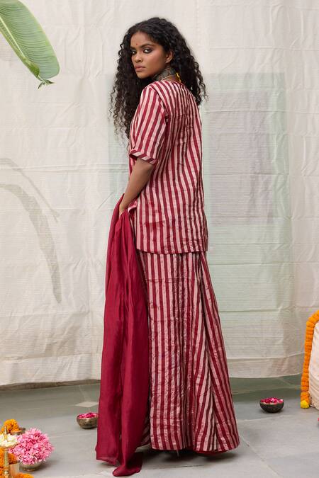 Shop_Raas Life_Maroon Hand Woven Chanderi Striped Zari V Neck Amala Tunic _at_Aza_Fashions