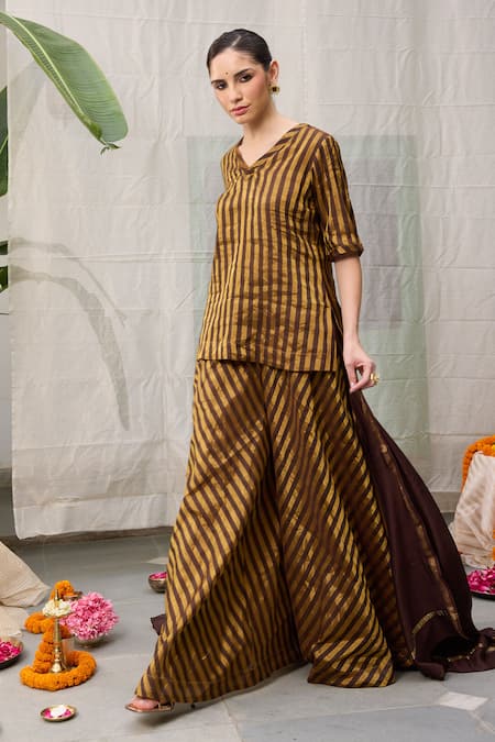 RAAS LIFE Brown Hand Woven Chanderi Zari Stripe Amala Pattern Tunic With Wide Legged Pant 