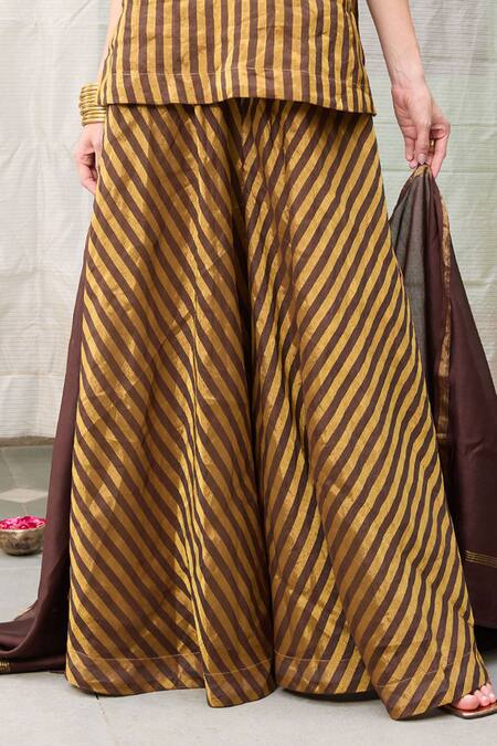 RAAS LIFE_Brown Chanderi Zari V-neck Amala Stripe Pattern Tunic With Wide Legged Pant _Online_at_Aza_Fashions