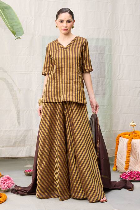 Buy_RAAS LIFE_Brown Chanderi Zari V-neck Amala Stripe Pattern Tunic With Wide Legged Pant _Online_at_Aza_Fashions