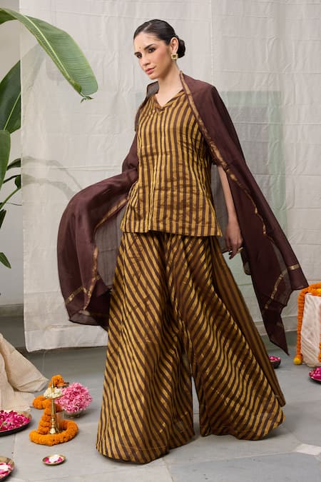RAAS LIFE_Brown Chanderi Zari V-neck Amala Stripe Pattern Tunic With Wide Legged Pant _at_Aza_Fashions
