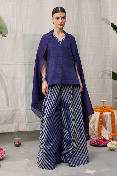 Buy RAAS LIFE Blue Chanderi Zari V-neck Amala Short Tunic With Stripe Pattern Wide Legged Pant Online at Aza Fashions Buy_RAAS LIFE_Blue Chanderi Zari V-neck Amala Short Tunic With Stripe Pattern Wide Legged Pant _Online_at_Aza_Fashions