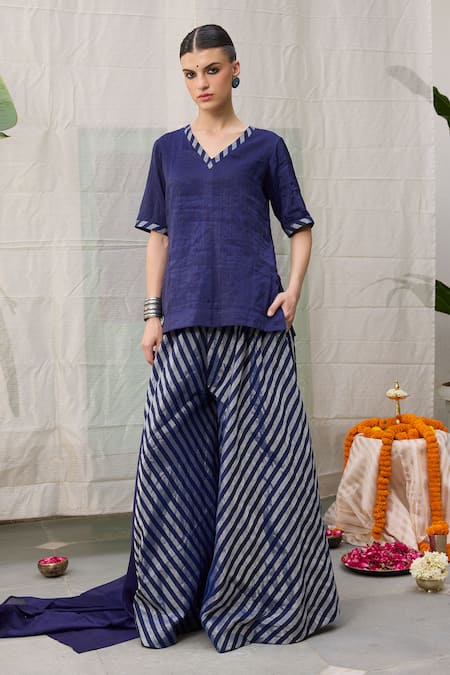 Shop RAAS LIFE Blue Chanderi Zari V-neck Amala Short Tunic With Stripe Pattern Wide Legged Pant Online at Aza Fashions Shop_RAAS LIFE_Blue Chanderi Zari V-neck Amala Short Tunic With Stripe Pattern Wide Legged Pant _Online_at_Aza_Fashions