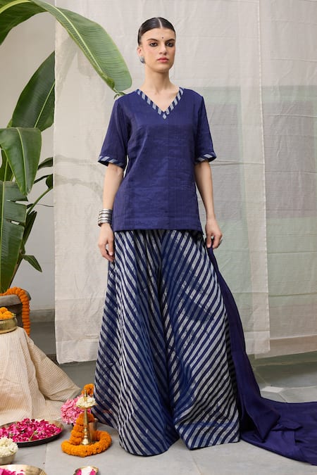RAAS LIFE Blue Chanderi Zari V-neck Amala Short Tunic With Stripe Pattern Wide Legged Pant at Aza Fashions RAAS LIFE_Blue Chanderi Zari V-neck Amala Short Tunic With Stripe Pattern Wide Legged Pant _at_Aza_Fashions