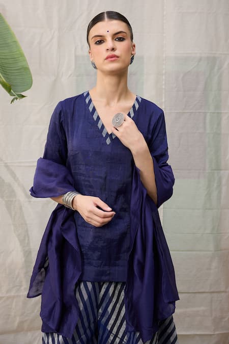 Buy RAAS LIFE Blue Chanderi Zari V-neck Amala Short Tunic With Stripe Pattern Wide Legged Pant Buy_RAAS LIFE_Blue Chanderi Zari V-neck Amala Short Tunic With Stripe Pattern Wide Legged Pant