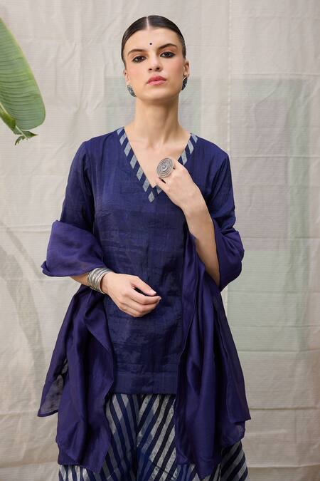 RAAS LIFE_Blue Chanderi Zari V-neck Stripe V Short Tunic _at_Aza_Fashions