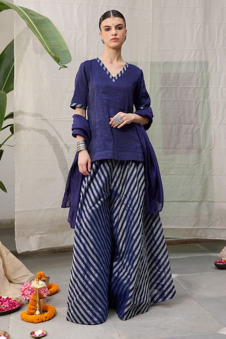 RAAS LIFE_Blue Chanderi Embroidery Amala Hand Woven Flared Pant _at_Aza_Fashions