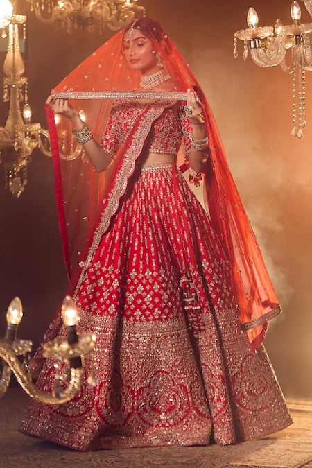 Azeera Red Embroidered Floral Leaf Neck Bridal Lehenga Set 