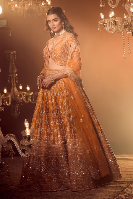 Buy_Azeera_Orange Silk, Georgette Embroidery, Sequins, Floral Zardozi Bridal Lehenga Set 