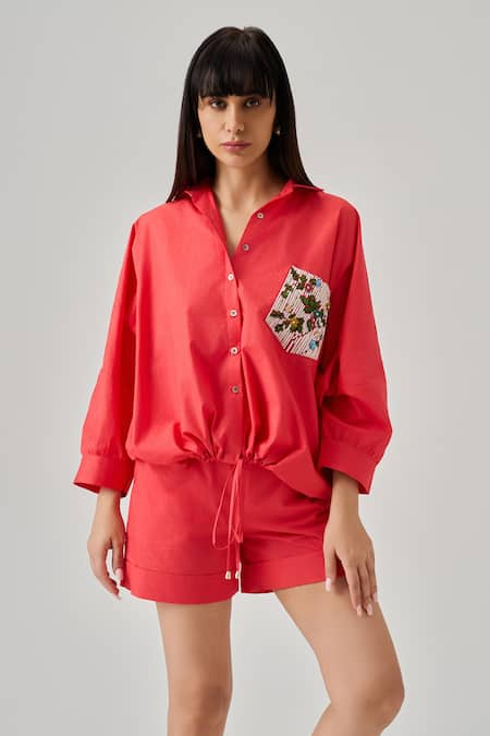 neetiandmudita Sequin & Thread Bloom Pocket Embroidered Shirt 