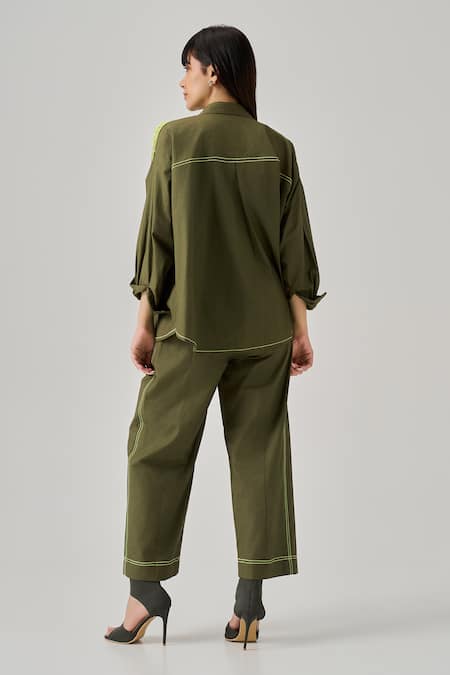 Shop Neetiandmudita Green Cotton Embroidery Sequin Collar Cameo Drift Shoulder Embellished Shirt at Aza Fashions Shop_Neetiandmudita_Green Cotton Embroidery Sequin Collar Cameo Drift Shoulder Embellished Shirt _at_Aza_Fashions