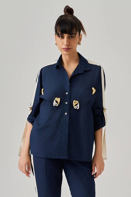 Neetiandmudita Blue Cotton Embellished Cupid Heart Collar Neck Metal Shirt Online at Aza Fashions Neetiandmudita_Blue Cotton Embellished Cupid Heart Collar Neck Metal Shirt _Online_at_Aza_Fashions